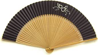 Open black Japanese paper hand fan with natural wooden ribs and a white gourd motif near the top center.