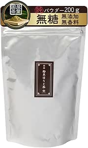 Silver resealable pouch of powdered roasted tea with a small brown front label and a top banner noting 200 g.