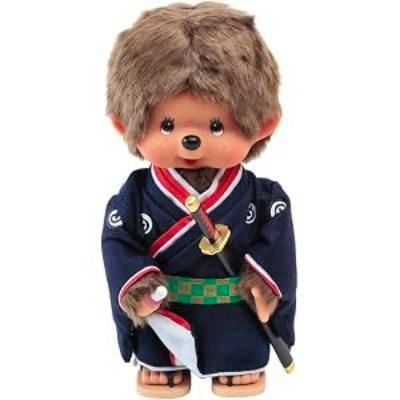 Plush Monchhichi boy wearing a navy kimono with a sheathed sword at his waist.