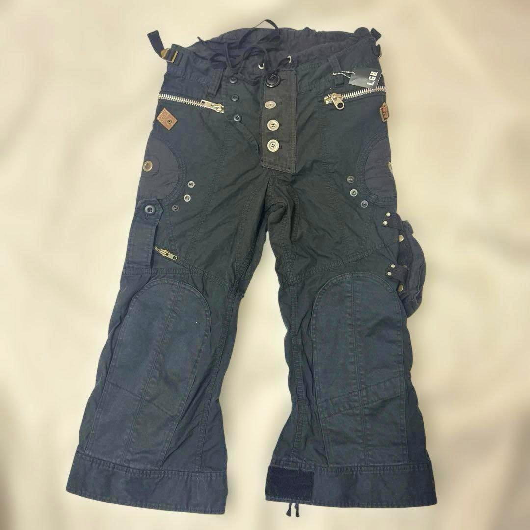 Front view of LGB dark blue cotton cargo pants laid flat showing button fly and multiple pockets.