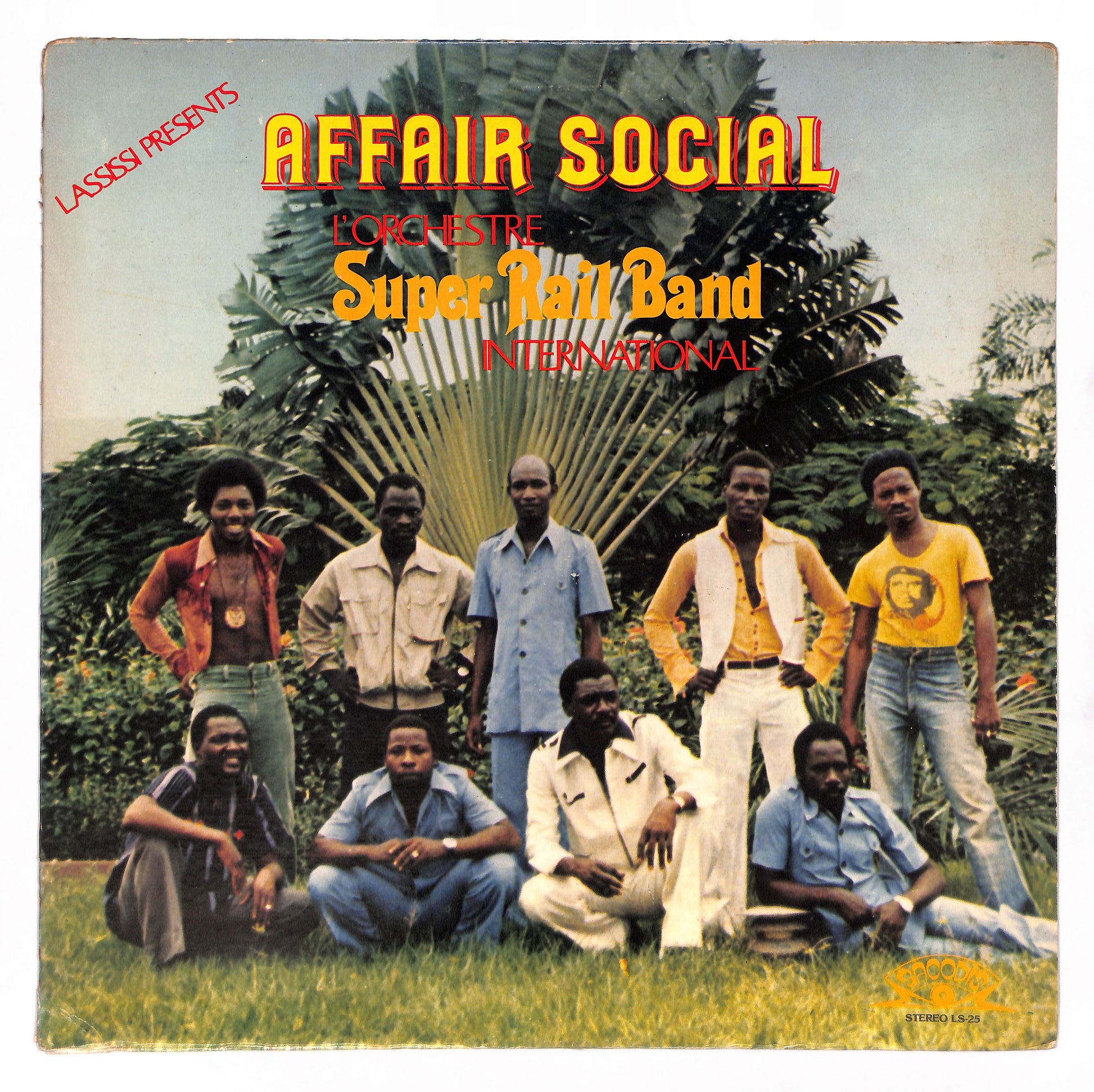 Front cover of the vinyl album 'Affair Social' by L'Orchestre Super Rail Band International showing the band members posed outdoors in front of large palm leaves.