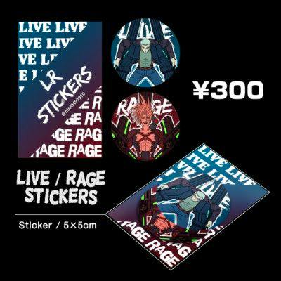 Collage-style main image showing round L/R sticker designs with text 'LIVE / RAGE STICKERS', size 5×5 cm, and price ¥300.