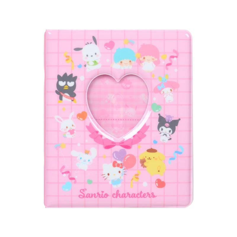 Front of a pink L-size photo pocket album featuring Sanrio character illustrations and a heart-shaped center window.