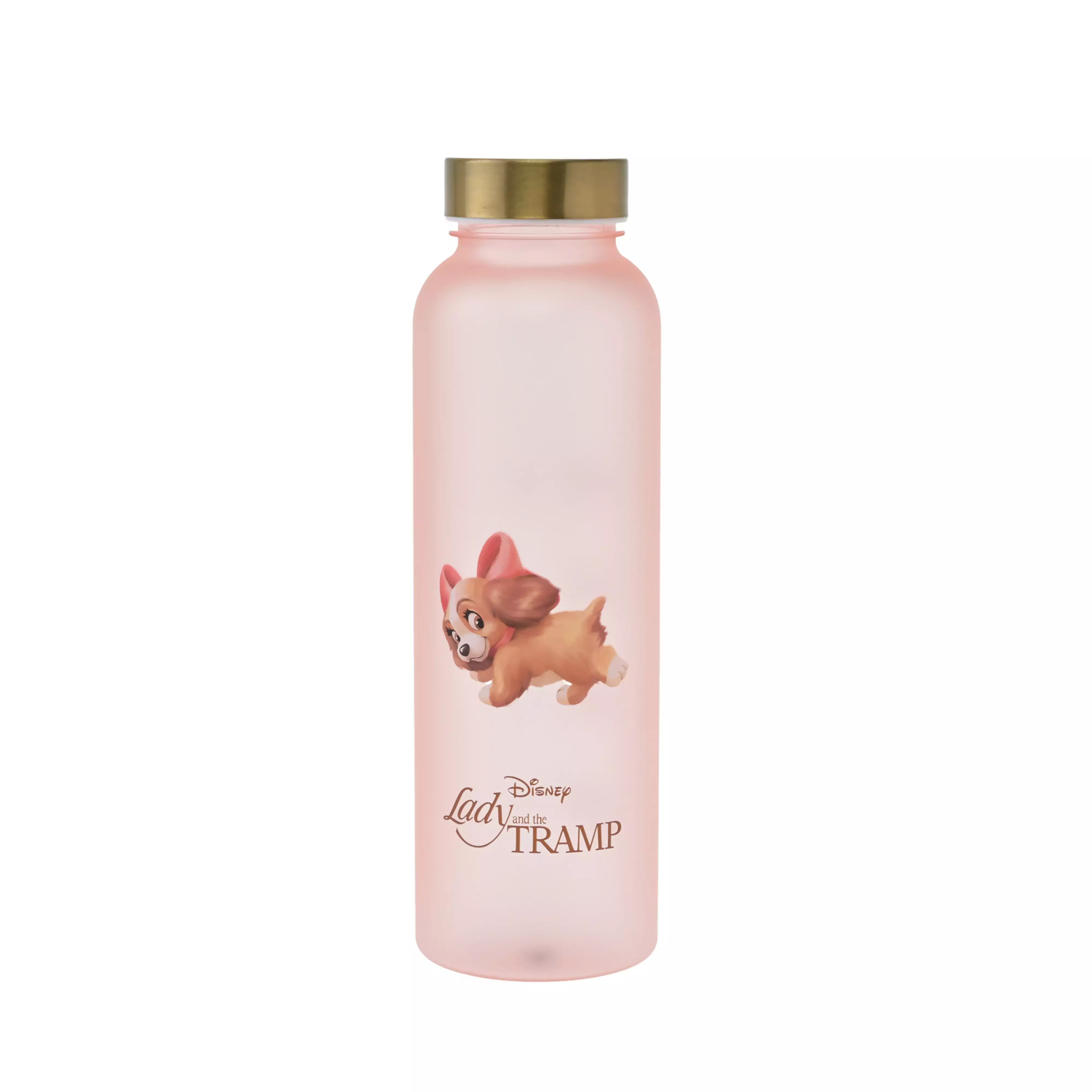 Frosted pink plastic water bottle with a gold cap, featuring a Lady and the Tramp themed illustration and text.