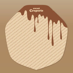 Mockup of the origami/packaging paper showing a beige irregular rounded polygon with repeating diagonal text and a brown chocolate-drip graphic at the top.