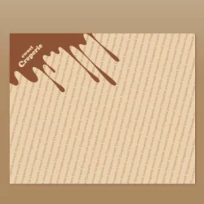 A square sheet of cream-colored craft wrapping paper with a brown chocolate-drip corner and a diagonal repeating text pattern.