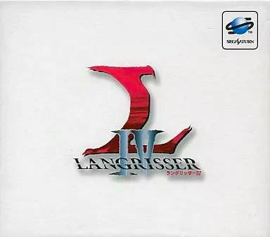 Front cover art for the Sega Saturn game Langrisser IV showing the game's logo centered on a white background and the Sega Saturn logo in the top-right.