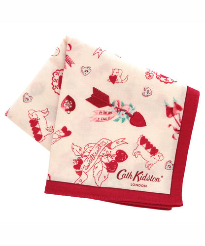 Folded large gauze cotton handkerchief with red printed design and red border showing Cath Kidston logo.