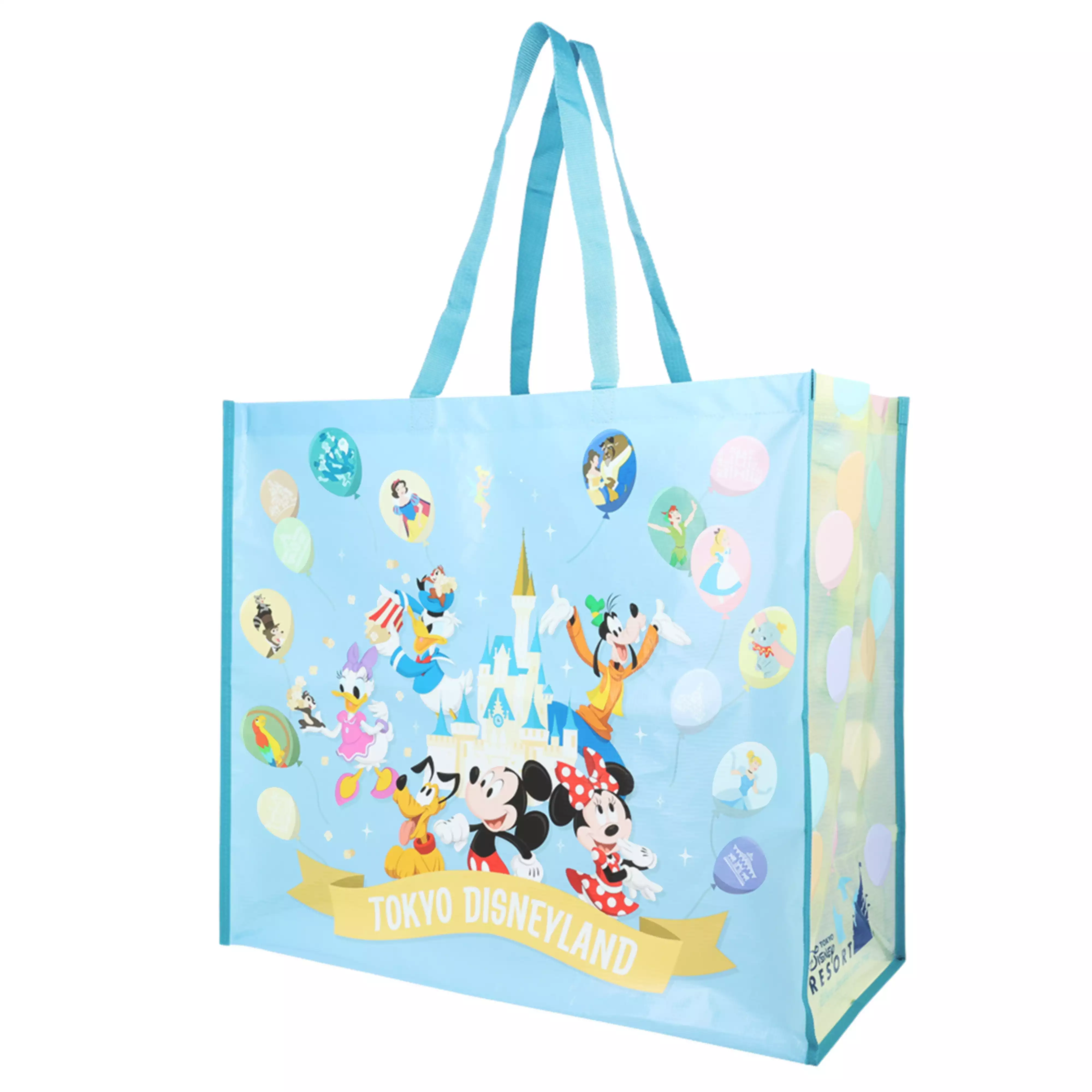 Light blue reusable shopping tote bag featuring Mickey Mouse and friends with “TOKYO DISNEYLAND” printed on the front.