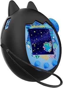 Black cat-ear silicone case holding a blue Tamagotchi Uni device with screen visible and a wrist strap.