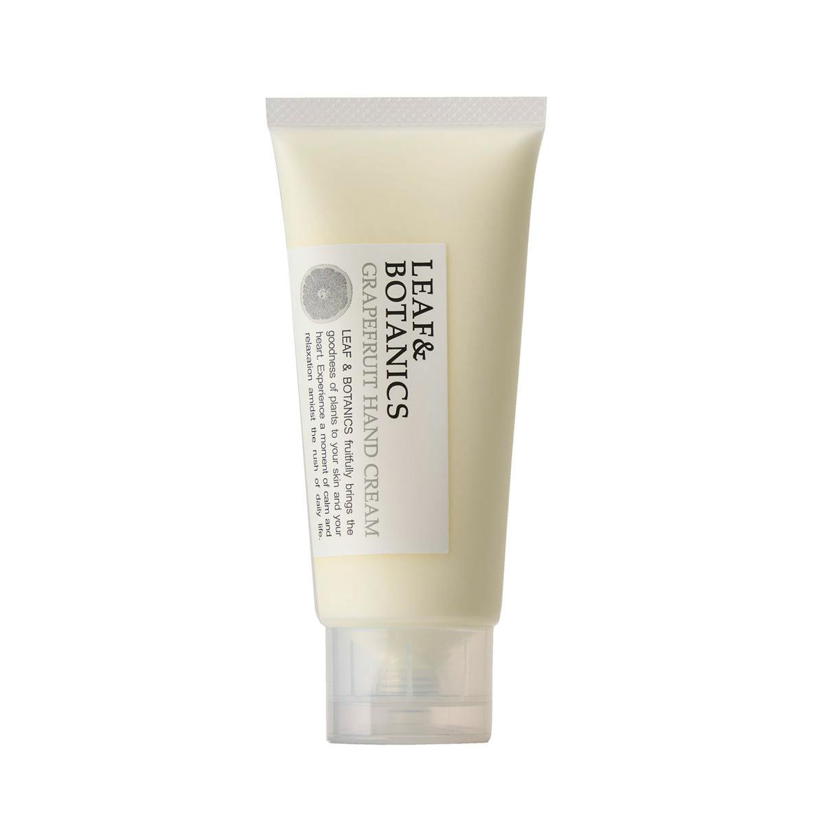 Front view of a LEAF&BOTANICS Grapefruit hand cream tube showing the product label and cap.