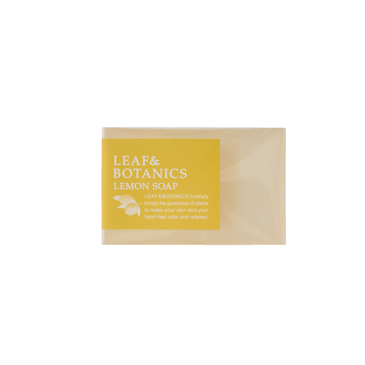 Packaged LEAF&BOTANICS lemon body soap bar with a yellow product label on a white background.