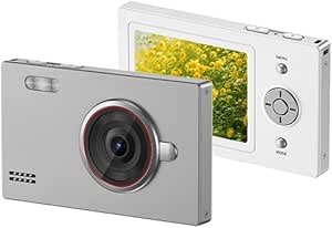 Front and rear views of a small silver digital camera showing the lens on the front and an LCD screen with control pad on the back.