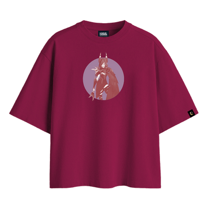 Front view of a burgundy cotton T-shirt featuring Xayah from League of Legends printed inside a circular chest design.
