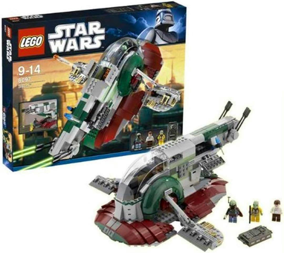 LEGO Star Wars 8097 Slave I box and assembled model with accompanying minifigures visible.