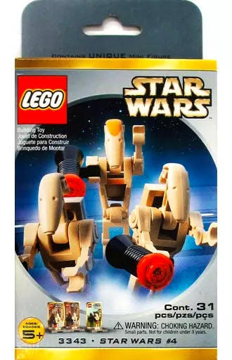 Packaged LEGO Star Wars Battle Droid minifig pack box (set 3343) showing three battle droids and LEGO/Star Wars branding.