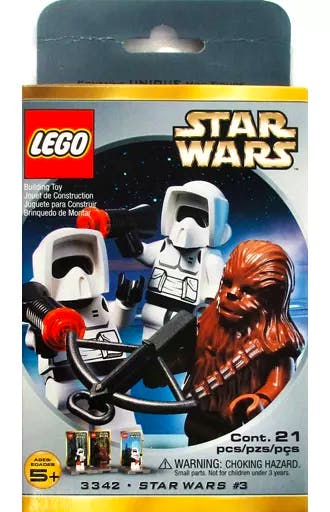 Retail packaging front for LEGO Star Wars minifig pack 3342 showing Chewbacca and two Scout Troopers and LEGO/Star Wars logos.