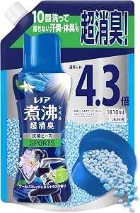 Refill pouch of Lenor deodorizing antibacterial beads with a blue cap and blue beads shown spilling beside the labeled packaging.