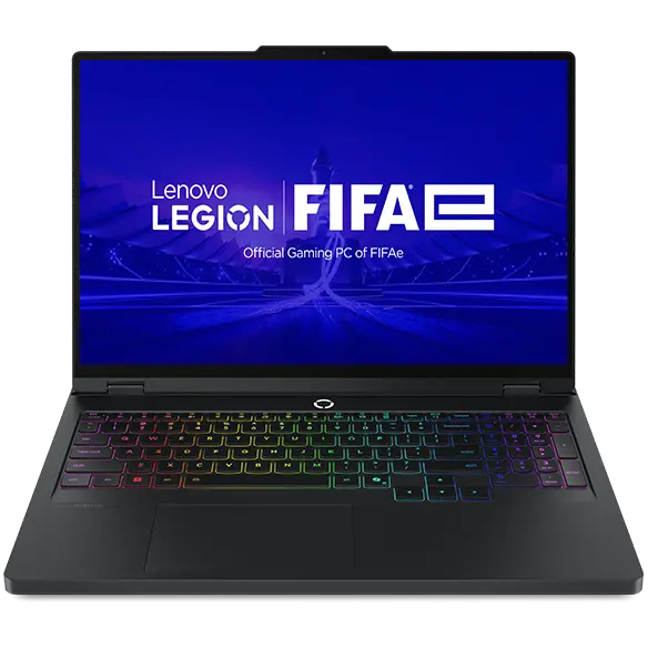 Front view of the Lenovo Legion Pro 5i Gen 10 laptop open, showing the screen with "Lenovo LEGION FIFA" and an RGB backlit keyboard.