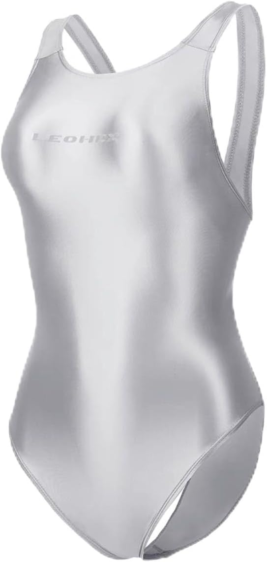 Front view of a shiny silver high-leg one-piece swimsuit on a white background.