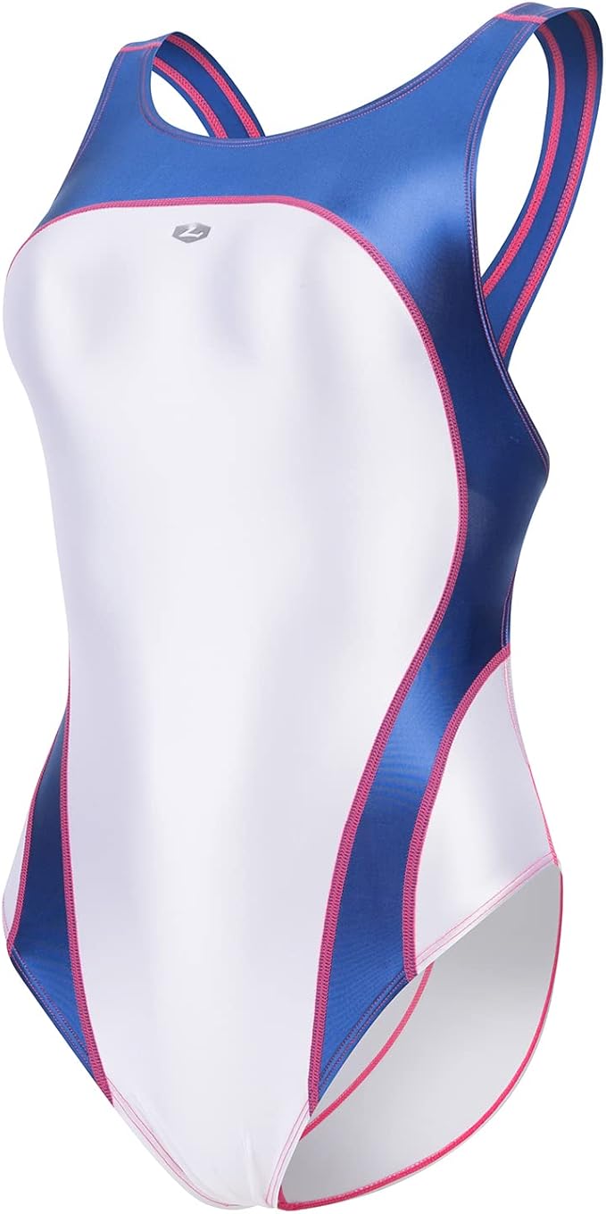 Front view of the LEOHEX Super Gloss Racing competitive one-piece swimsuit in white with blue panels and pink trim.