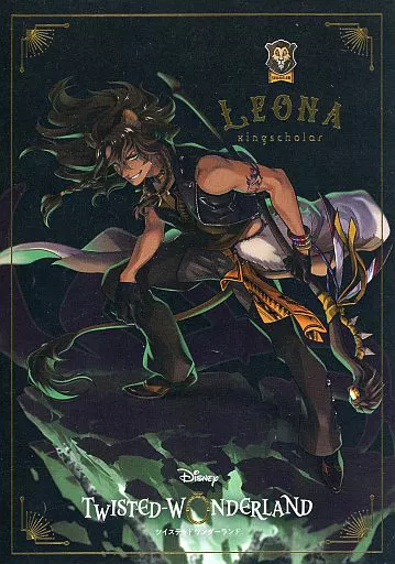 Front of the postcard showing an illustrated Leona Kingscholar from Disney Twisted-Wonderland in a dynamic pose against a dark background.