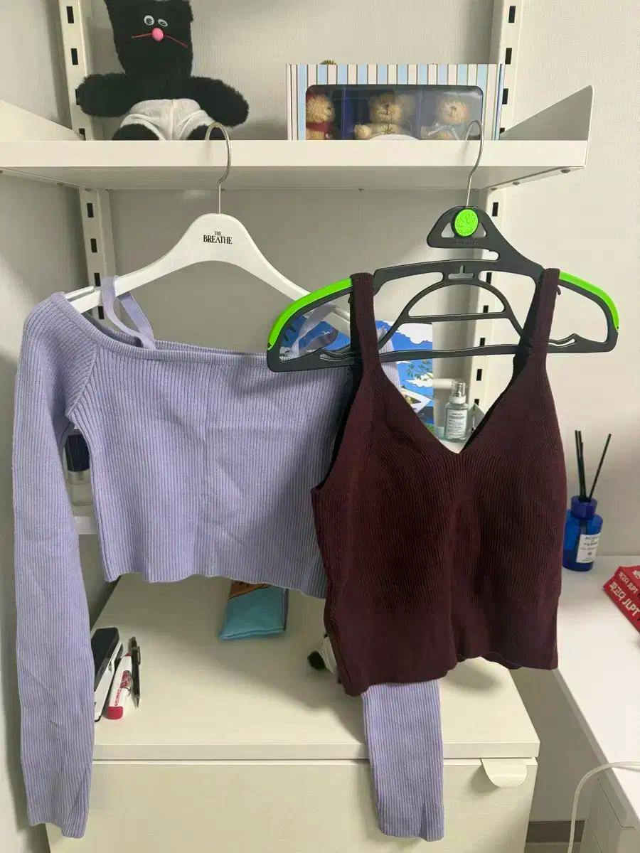A lavender ribbed long-sleeve top and a dark red ribbed bra-top hanging on hangers in a room.