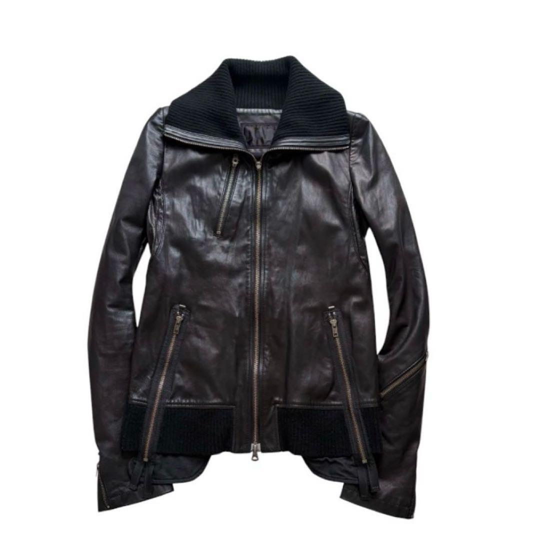 Front view of a dark brown horse-leather high-neck riders jacket with a ribbed collar and multiple zippered pockets.