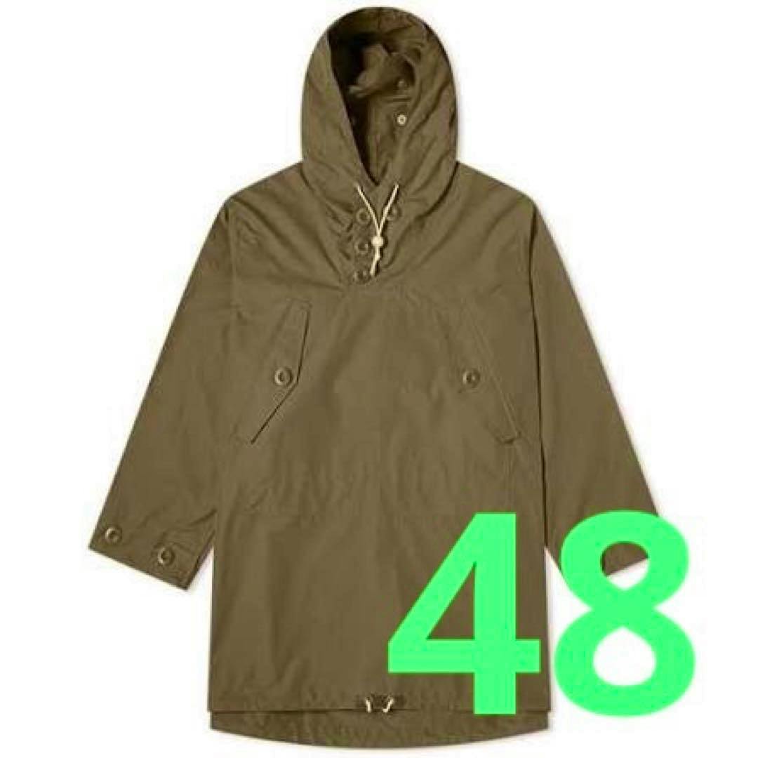 Flat-lay front view of a khaki hooded men's jacket on a white background with a large green "48" size overlay.