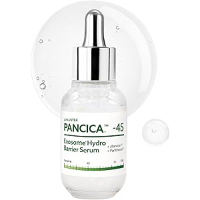 Dropper bottle of PANCICA Exosome Hydro Barrier Serum with a silver cap and gel droplets in the background.