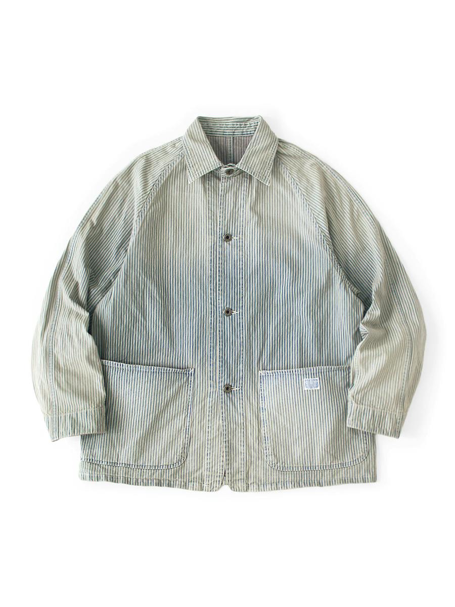 Flat-lay front view of the men's cotton coverall with vertical stripe pattern and two front patch pockets.