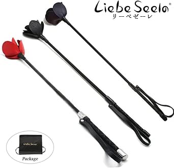 Three short jockey whips with red and black rose-shaped tips and genuine leather handles displayed on a white background.