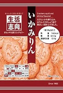 Front of a red package showing Life-oriented Kamirin rice crackers and Japanese text on the packaging.