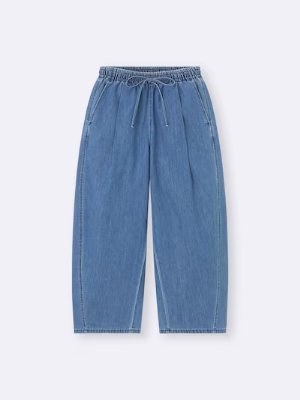 Flat-lay front view of light denim barrel ankle women's pants with an elastic drawstring waist on a white background.