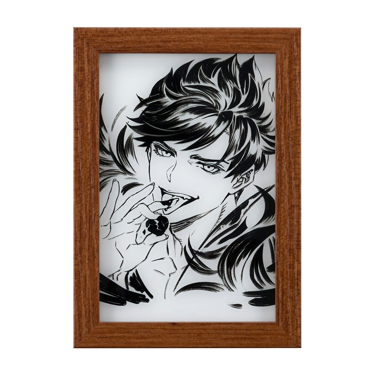 Original framed art print showing a black-and-white illustration of a male character in a wooden frame.