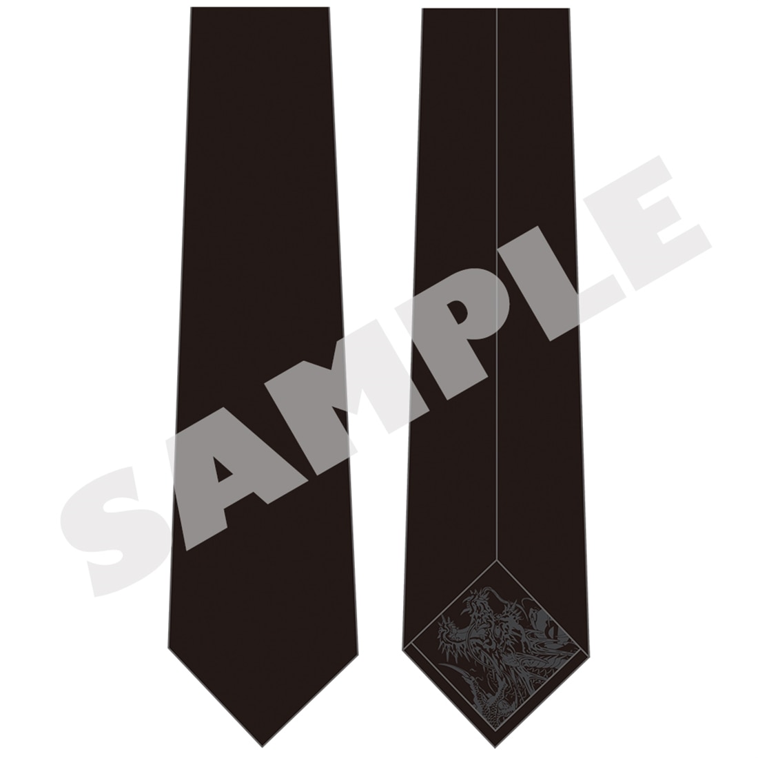 Front and back views of a black polyester necktie with a printed design near the back tip and a “SAMPLE” watermark.