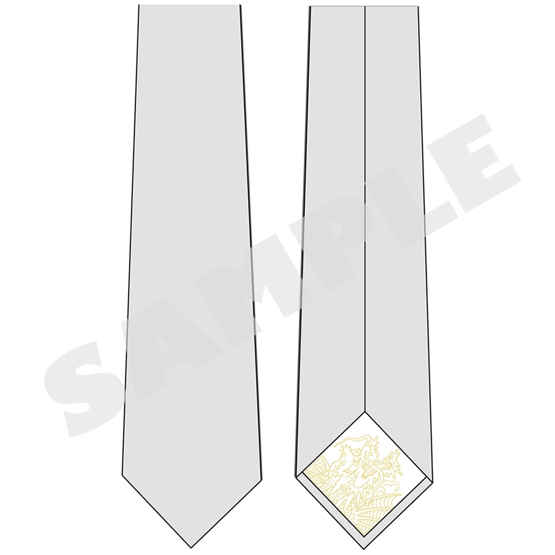 Mockup front and back view of a gray polyester necktie with a patterned inner tip and a SAMPLE watermark.
