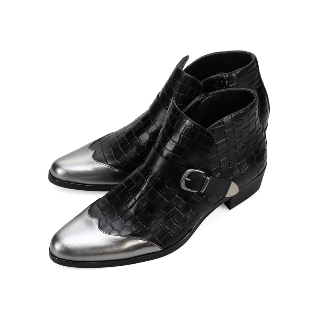Pair of black leather ankle boots (Goro Majima collaboration) with woven texture, silver toe caps, and a side buckle.
