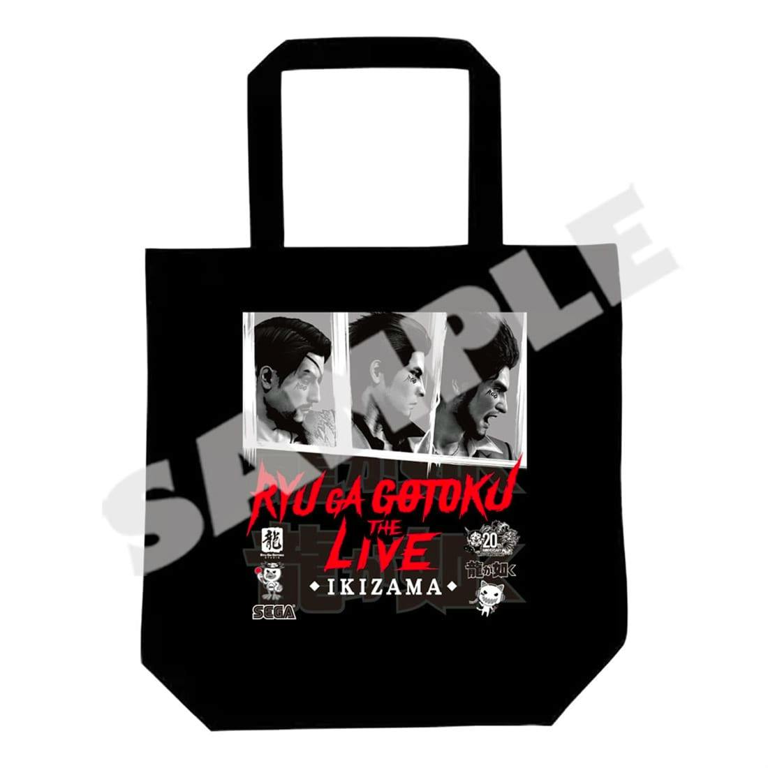 Front view of the black cotton Ryu ga Gotoku THE LIVE -IKIZAMA- tote bag showing grayscale character portraits and red logo text.