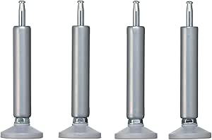 Four silver adjustable cylindrical shelf feet with round bases standing upright.