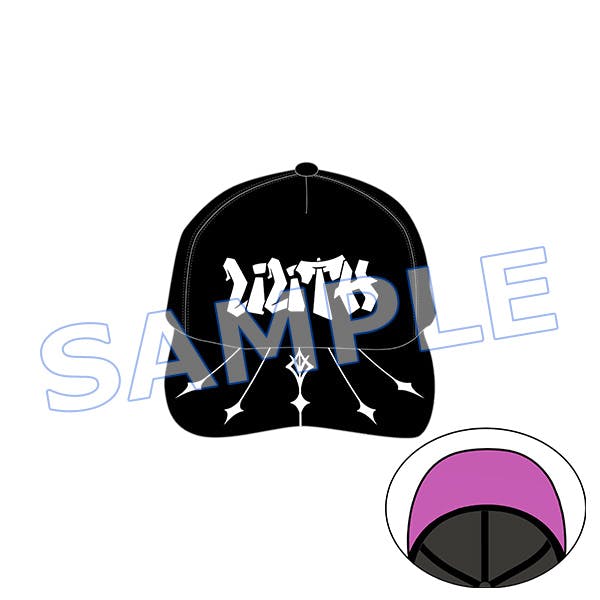Front-view illustration of a black baseball cap with white stylized text and decorative white lines, with a small inset showing the cap's purple underside.