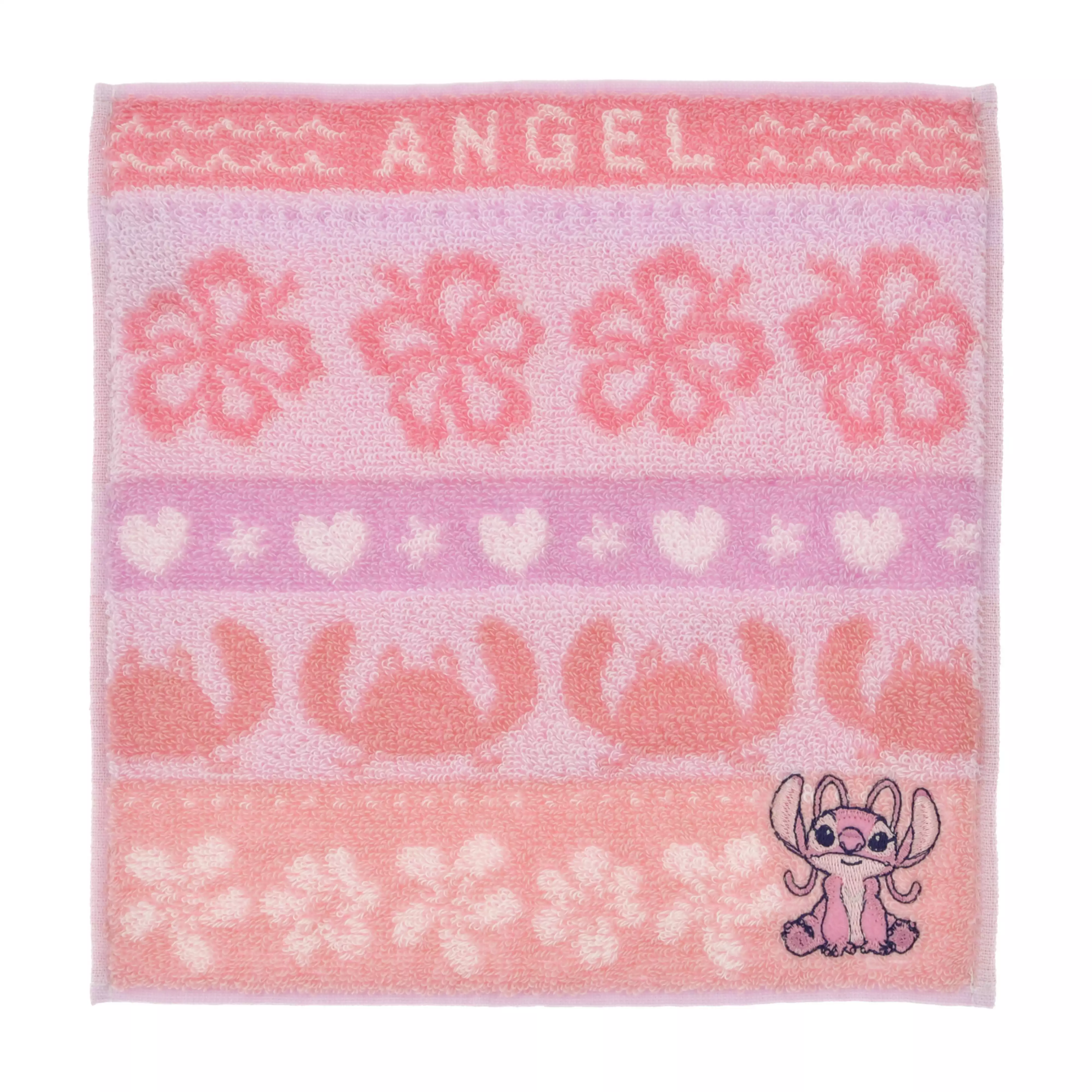 Pink square mini cotton hand towel with 'ANGEL' at the top, floral and heart stripes, and a small Angel (Lilo & Stitch) silhouette in the lower right.