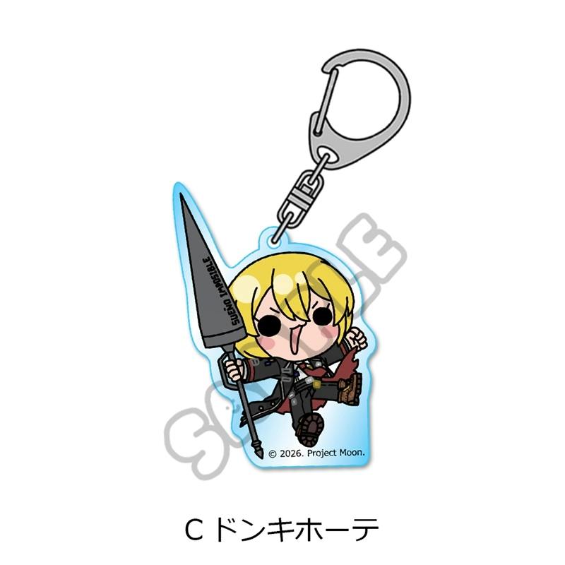 Mockup of an acrylic keychain for Limbus Company (C: ドンキホーテ) showing a chibi blonde character holding a large spear-like weapon and attached to a metal key ring.