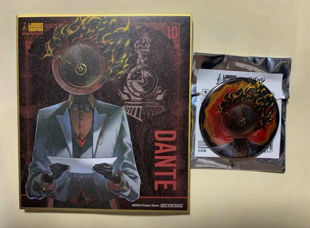 Packaged round can badge and illustrated shikishi board for "Dante" from Limbus Company displayed on a flat background.
