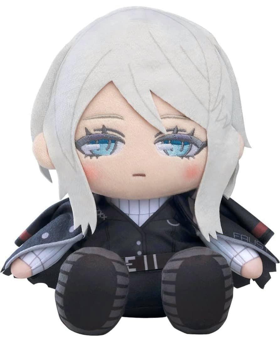 Front view of the Limbus Company "Faust" plush toy showing light gray hair, embroidered blue eyes, and a black outfit.