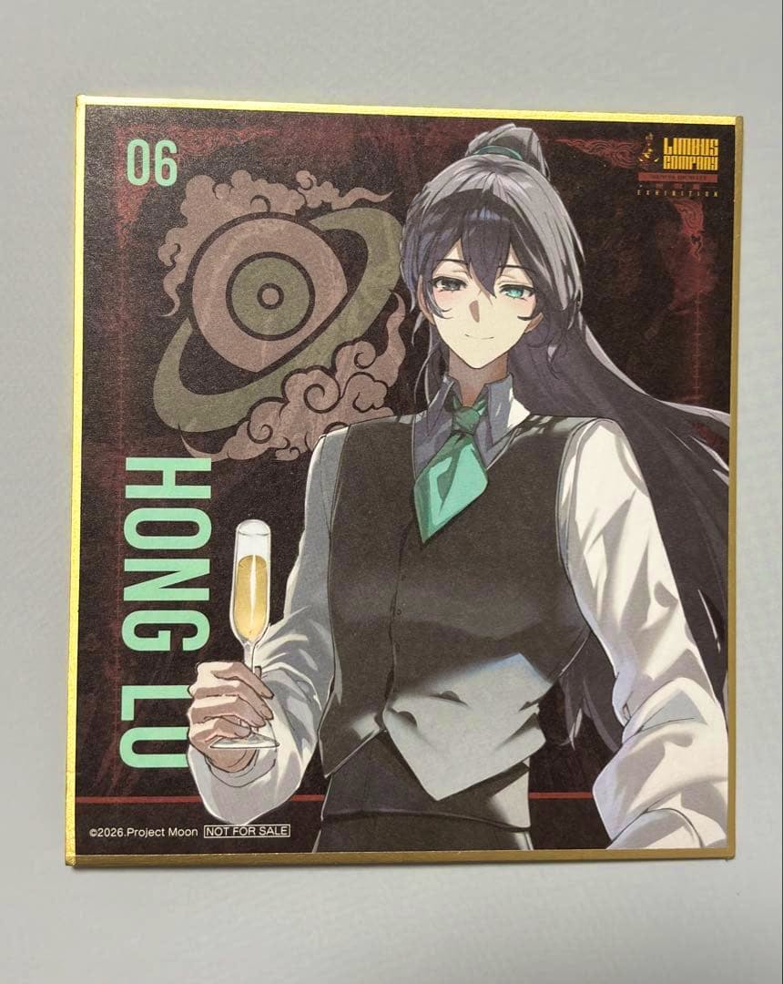 Front of a mini shikishi picture board for Limbus Company showing the character Honru holding a champagne glass.