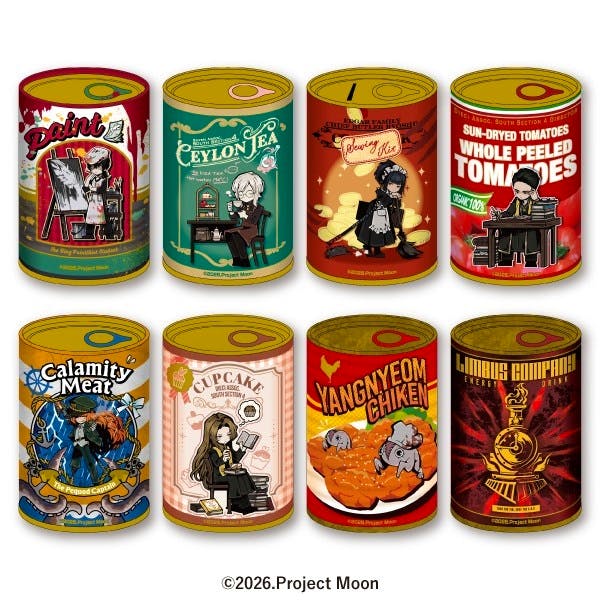 Eight illustrated can-shaped badge designs from the LIMBUS COMPANY mitamemo can badge A collection shown in two rows.
