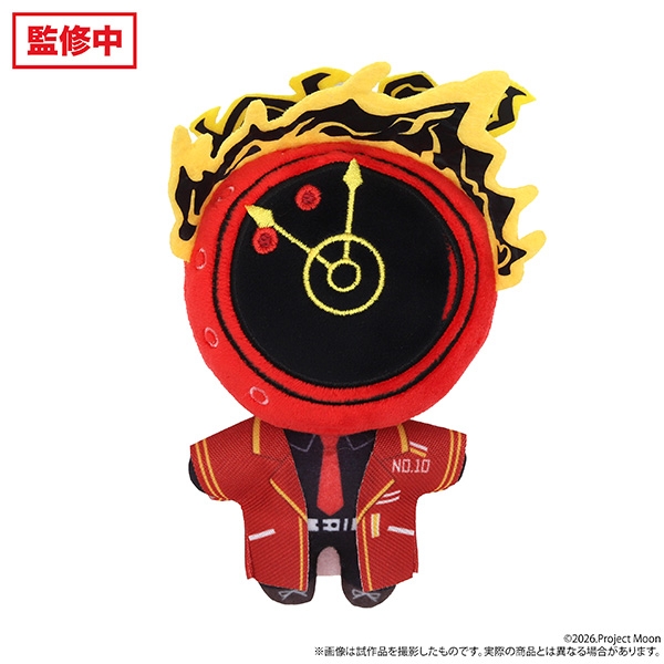 Front view of the Limbus Company Dante plush mascot showing a red jacket and a stylized clock-face head with flame-like hair.