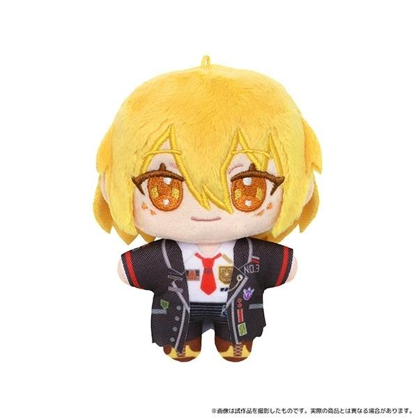 Front view of the Don Quixote plush mascot with yellow hair wearing a jacket and red tie.