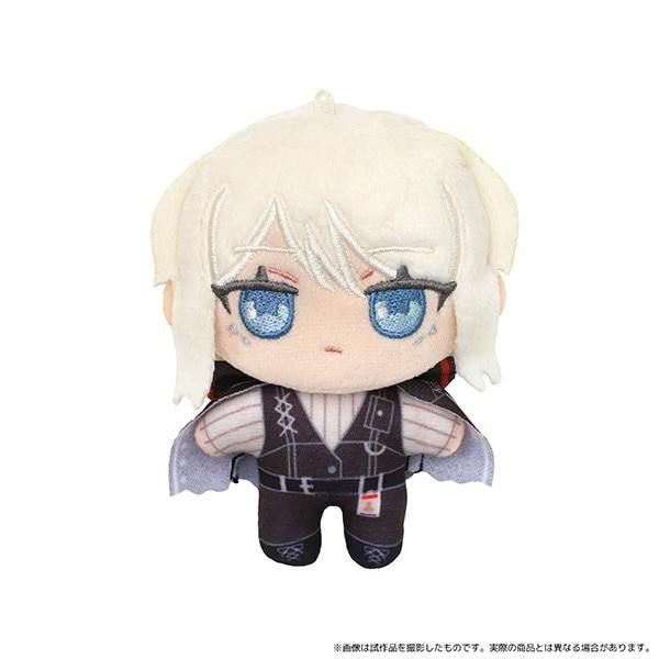 Front view of the Limbus Company plush mascot “Faust” with white hair, blue embroidered eyes, and printed outfit details.